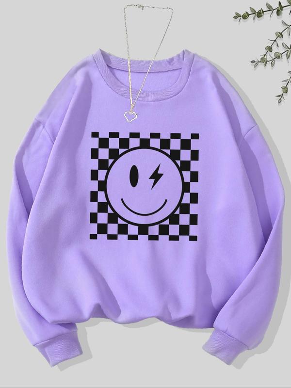 Women's Smile Face Print Crew Neck Sweatshirt, Casual Long Sleeve Pullover for Fall & Winter, Women's Clothes for Daily Wear