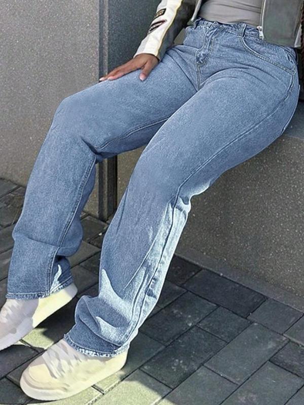 Women's Plain Button Fly Straight Leg Denim Jeans, Casual Pocket Design Trousers for Daily Wear, Ladies Bottoms for All Seasons