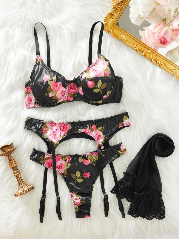 Women's Floral Print  Bra & Thong & Garter Belt  & Contrast Lace Stockings Set, Sexy Adjustable Strap Backless Lingerie Set, Women's Underwear Set