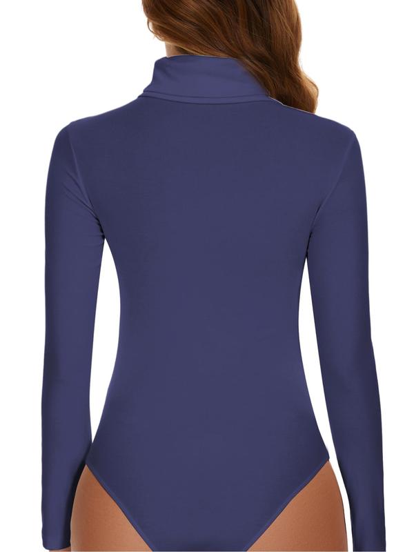 Women's Solid Long Sleeve Thermal Bodysuit, Casual Comfy High Neck Snap Button Warm Bodysuit for Spring & Fall, Women Thermal Underwear for Daily Wear