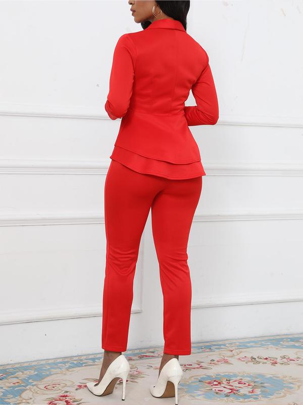 Two-Piece Set Women's Solid Peplum Blazer & Pants, Elegant Fashion Shawl Collar Outerwear & Trousers for Office Business Work, Women's Clothing for All Seasons