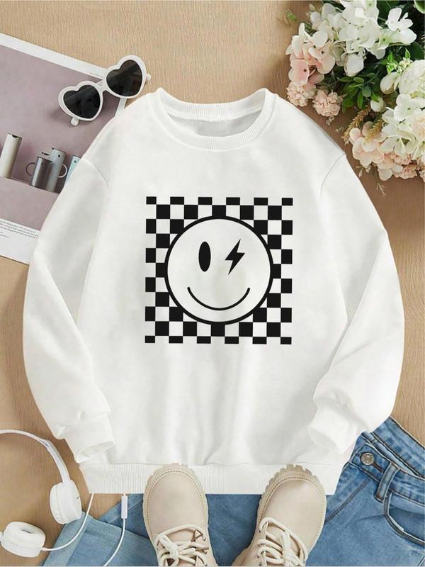 Women's Smile Face Print Crew Neck Sweatshirt, Casual Long Sleeve Pullover for Fall & Winter, Women's Clothes for Daily Wear