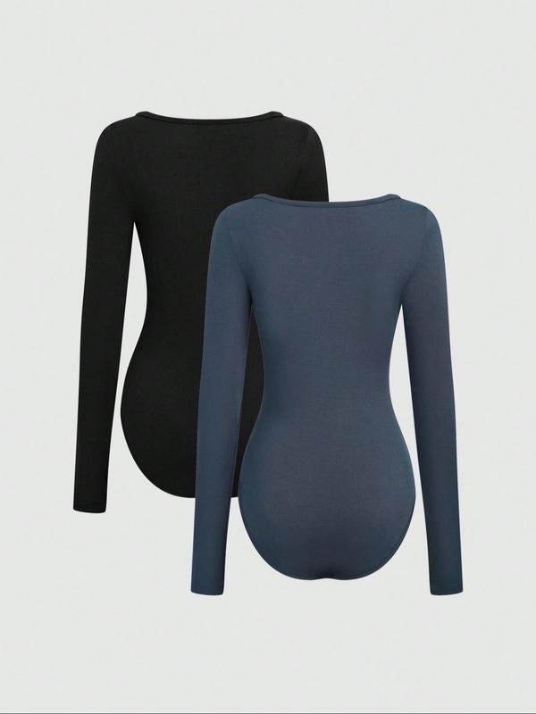 Women's Solid Scoop Neck Long Sleeve Bodysuit, Casual Tops, Comfy Bodysuit for Daily Wear, Ladies Clothes for All Seasons North West Body Suit
