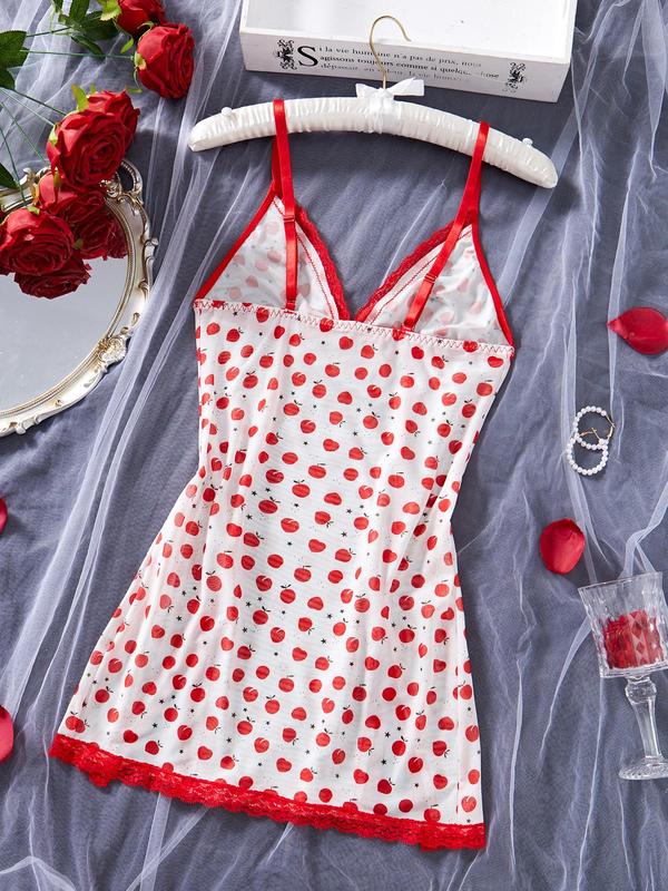 Women's Peach Print Contrast Lace Cami Nightdress, Chic Bow Decor Split Hem Nightgown, Ladies Sleepwear for Daily Wear