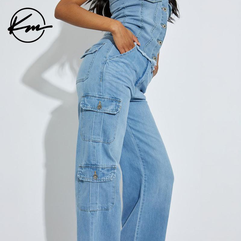 KatchMe Women's Trendy Denim High Waist Wide Leg Cargo Trousers,Multi-Pocket Street Womenswear,Jeans With Cargo Pockets,Versatile Casual Outfits(new)