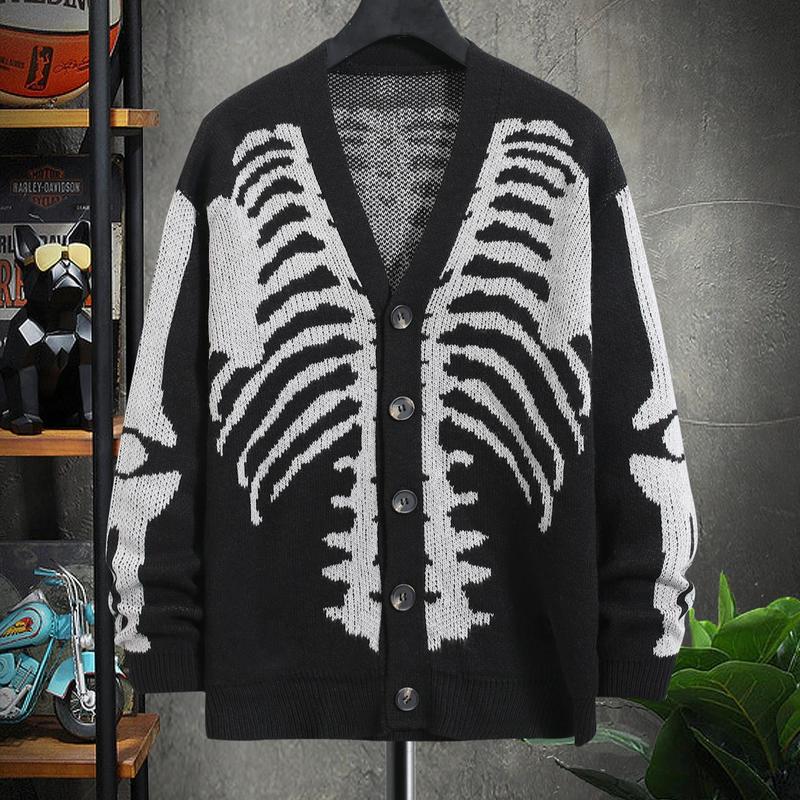Skeleton Print Long Sleeve Cardigan Sweaters V Neck Button Down Outwear Coats