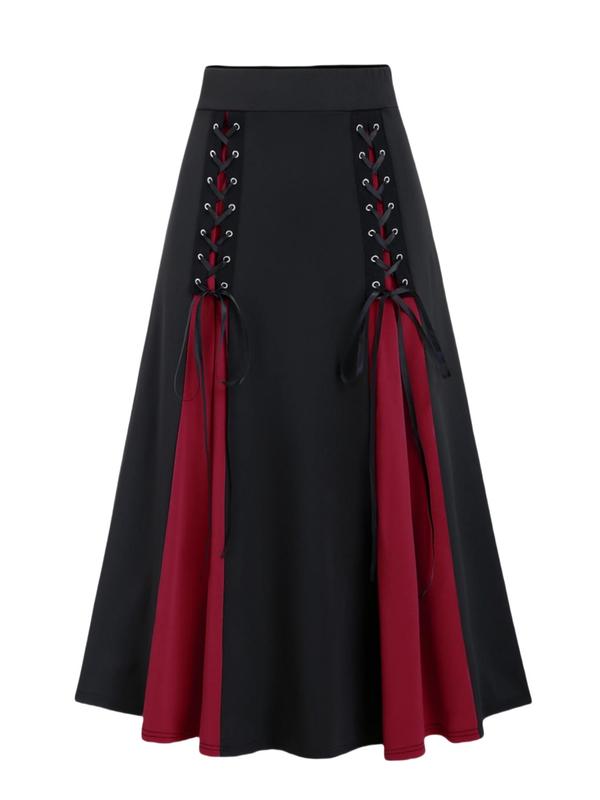 Women's Colorblock Patchwork Lace Up Grommet Eyelet Flared Skirt, Casual High Waist Skirt For Daily Wear, Ladies Bottoms For All Seasons