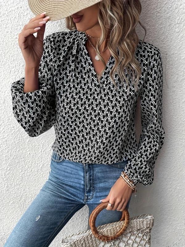 Women's All Over Print Bishop Sleeve Notched Blouse, Fall Outfits, Airport Outfits 2024, Comfort Womenswear, Elegant Long Sleeve Top for Daily Wear, Ladies Clothes for All Seasons