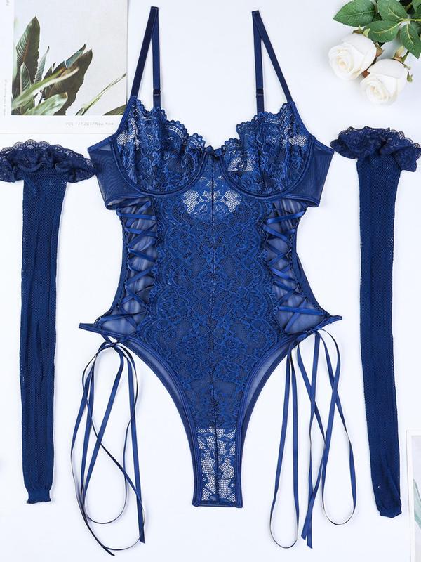 Women's Solid Floral Lace Sheer Sexy Lingerie Two-piece Set, Adjustable Strap Lace Up Tie Side Bodysuit & Lace Hem Stocking Set, Women Sexy Lingeries Set for All Seasons