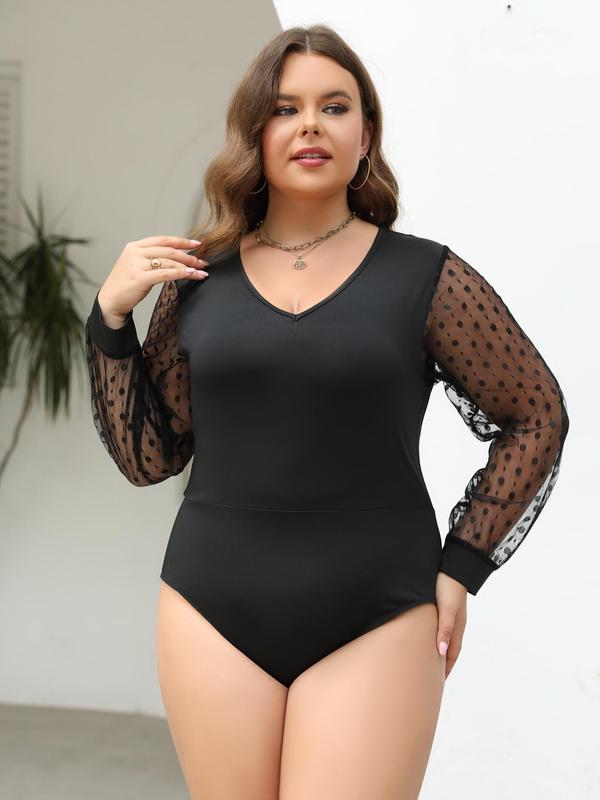  Plain Contrast Mesh Sheer Bishop Sleeve One-piece Bodysuit, Elegant Casual Long Sleeve V Neck Bodysuit for Spring & Fall, Women's Clothes for Daily Wear