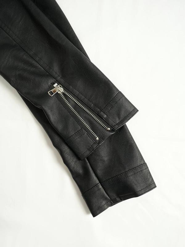 Women's Solid Button Front Pocket Zipper PU Leather Crop Jacket, Street Fashion Long Sleeve Lapel Outerwear for Daily Wear, Ladies Clothes for All Seasons