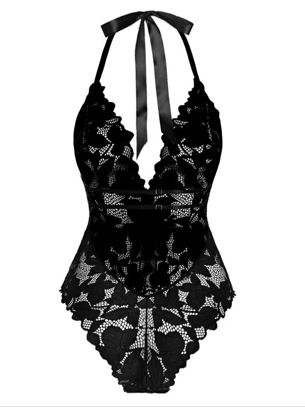 Women's Plants Embroidery Lace Sexy Lingerie Bodysuit, Romantic Deep V Neck Tie Backless Halter Sheer Bodysuit, Ladies One-Piece Lingerie for Nightwear