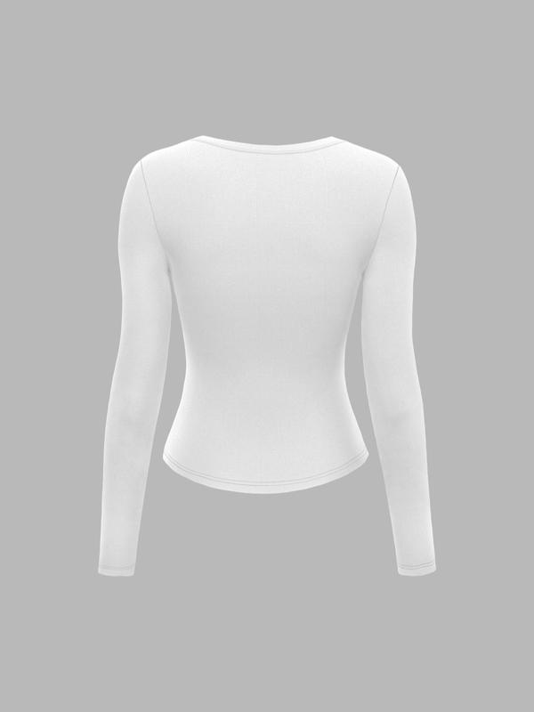 Fall Women's Solid Button Front Ribbed Shirts, Casual Long Sleeve Round Neck T-shirt for Fall, Women's Top for Daily Wear, Fall Vintage 90s Tees, Downtown Girl Clothes