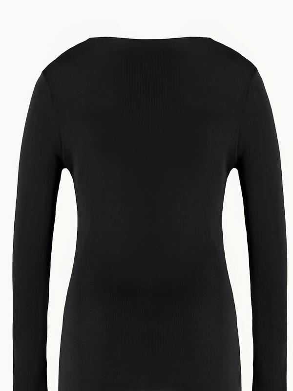 Women's Solid Thermal Lined Crewneck Top, Casual Long Sleeve Round Neck Top for Fall & Winter, Women's Thermal Underwear for Daily Wear