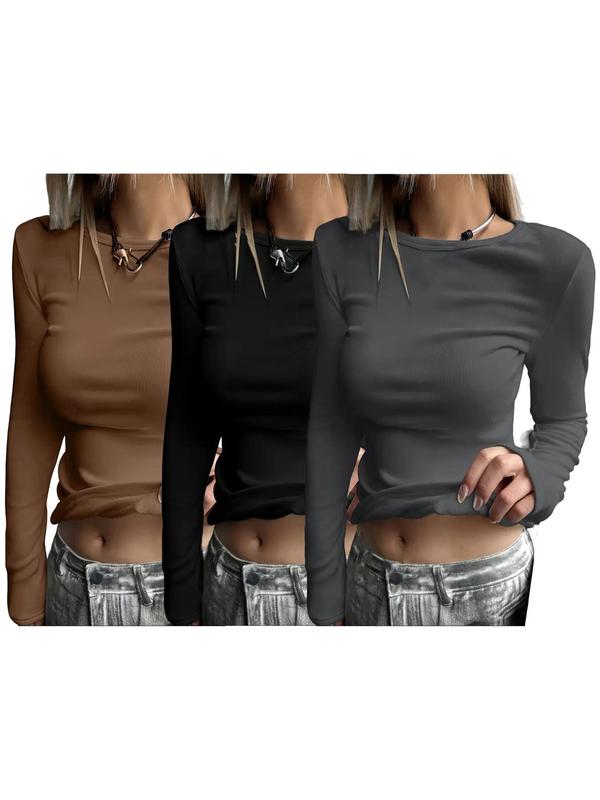 Women's Solid Thermal Lined Crewneck Top, Casual Long Sleeve Round Neck Top for Fall & Winter, Women's Thermal Underwear for Daily Wear