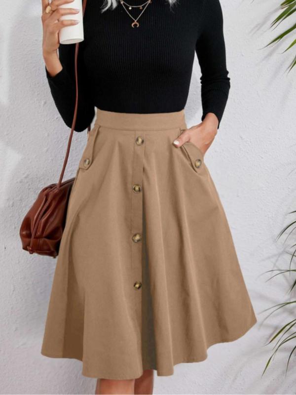 Women's Solid Fake Buttons Pocket A Line Skirt, Elegant High Waist Long Skirt for Work Office Business, Ladies Bottoms for All Seasons