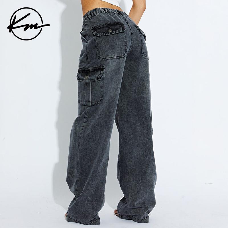 KatchMe Women's Trendy Denim High Waist Wide Leg Cargo Trousers,Multi-Pocket Street Womenswear,Jeans With Cargo Pockets,Versatile Casual Outfits(new)