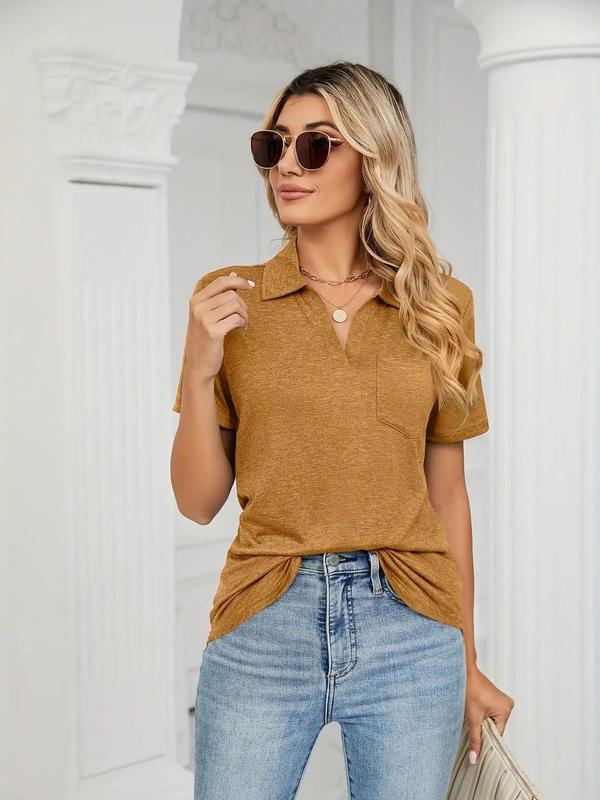 Women's Plain Pocket Polo Neck Tee, Casual Short Sleeve T-Shirt for Daily Wear, Ladies Clothes for All Seasons
