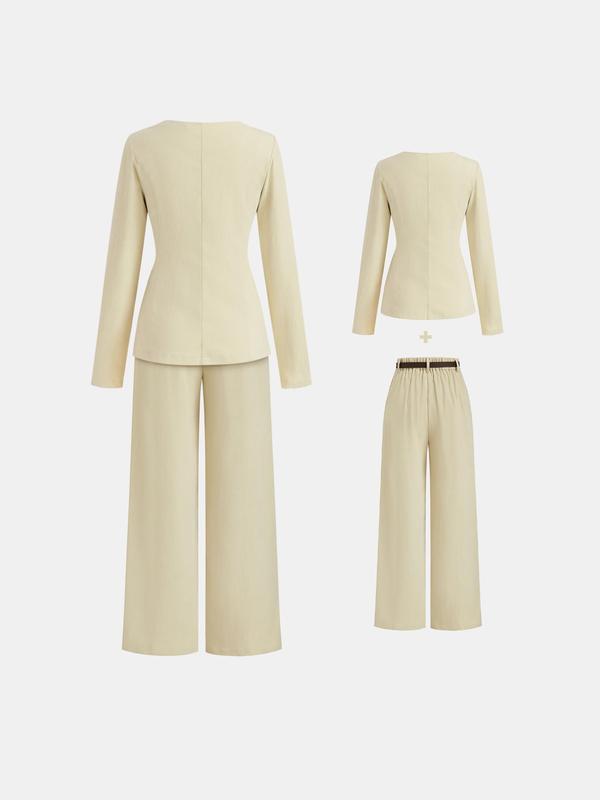 YOZY Two-Piece Set Women's Solid Color Button Front Jacket & Plicated Wide Leg Pants, Long Sleeve Round Neck Outerwear & Pocket Belted Trousers for Work Office Business, Ladies Spring & Fall Clothes