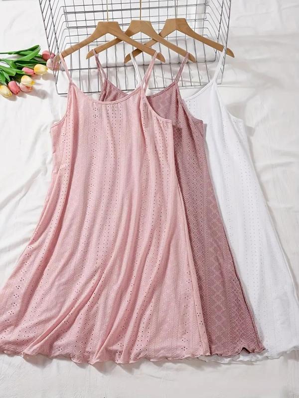  Solid Color Eyelet Embroidery Cami Nightdress, Casual Soft Comfortable Sleeveless Nightgown for Women, Women's Sleepwear for All Seasons