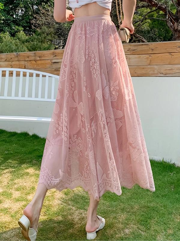 Women's Butterfly & Floral Lace Sheer A Line Skirt, Elegant Fashion Casual Long Skirt for Daily Wear Vacation Holiday, Ladies Bottoms for All Seasons, Vintage Clothing
