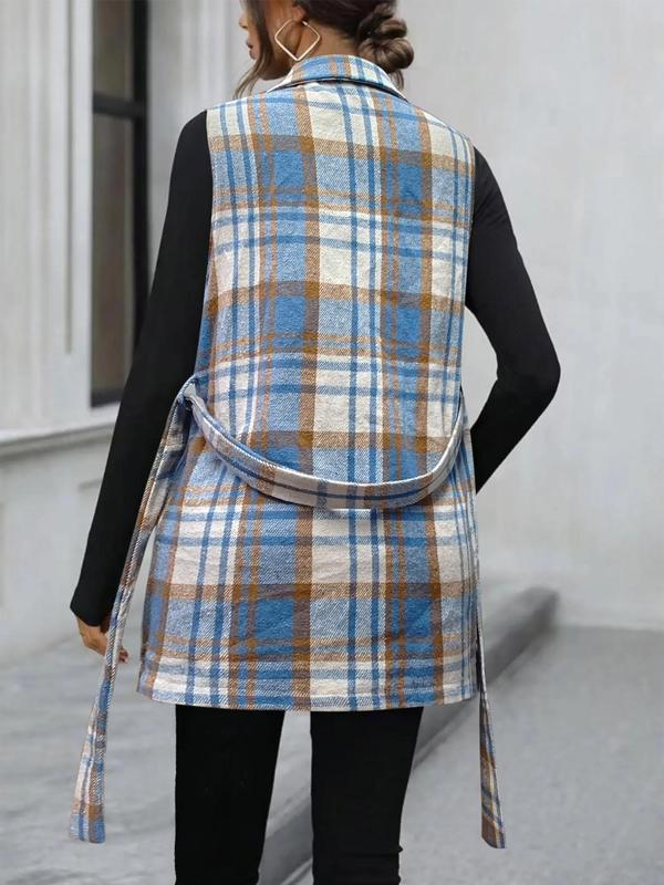 Women's Plaid Print Belted V Neck Waistcoat, Casual Fashion Comfy Gilet Coat for Daily Outdoor Wear, Women Clothes for Fall, Lady Fitted Vest Coat Womenswear, Back To School Outfit for Christmas