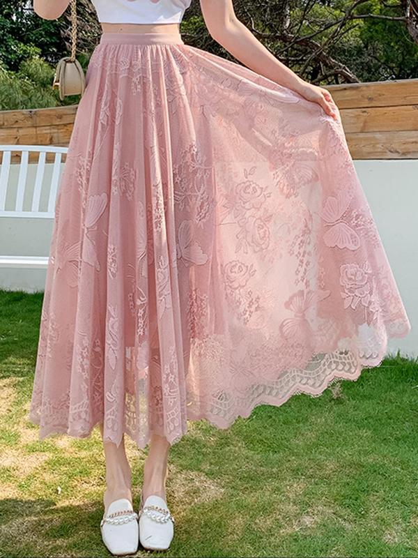 Women's Butterfly & Floral Lace Sheer A Line Skirt, Elegant Fashion Casual Long Skirt for Daily Wear Vacation Holiday, Ladies Bottoms for All Seasons, Vintage Clothing