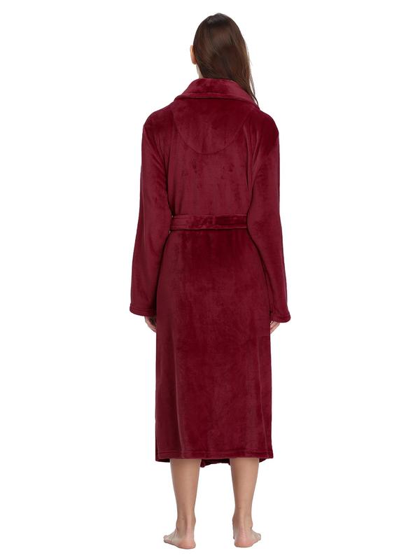 Women's Solid Dual Pocket Belted Flannel Pj Robe, Mean Girls Long Sleeve Shawl Collar Dressing Gown, 2000s Robe，Women's Sleepwear for Fall & Winter, Cold Weather Gear, Robe for Women, Fall Wear, Fallfreshness