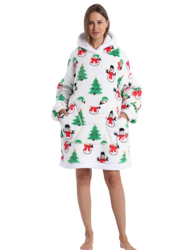 Women's Christmas Themed All Over Print Drop Shoulder Hooded Lounge Dressing Gown, Casual Long Sleeve Pocket Design Flannel Dressing Gown, Ladies Sleepwear for Fall & Winter