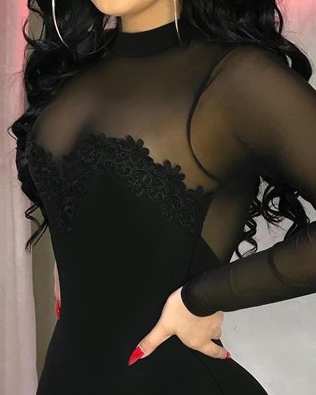 ChicMe Women's Glitter Long Sleeve Mock Neck Sheer Mesh Patch Bodycon Dress Night Out Party Mini Dress Formal Lace