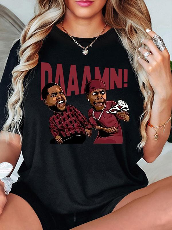 Women's Cartoon & Letter Print Round Neck Tee, Fashion Casual Crew Neck T-Shirt for Daily Holiday Vacation Outdoor Wear, Ladies Clothes for Summer