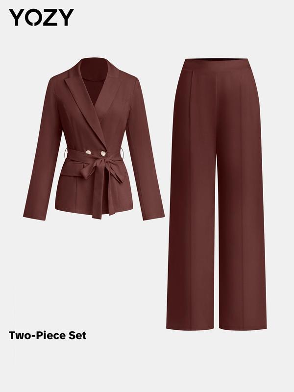 Black Friday Deals YOZY Two-Piece Set Women's Solid Color Belted Pocket Lapel Neck Blazer & Wide Leg Pants, Long Sleeve Outerwear & Straight Leg Trousers for Work Office Business, Christmas 2024 Trend, Thanksgiving Clothes, Fall Clothes, Winter Clothes