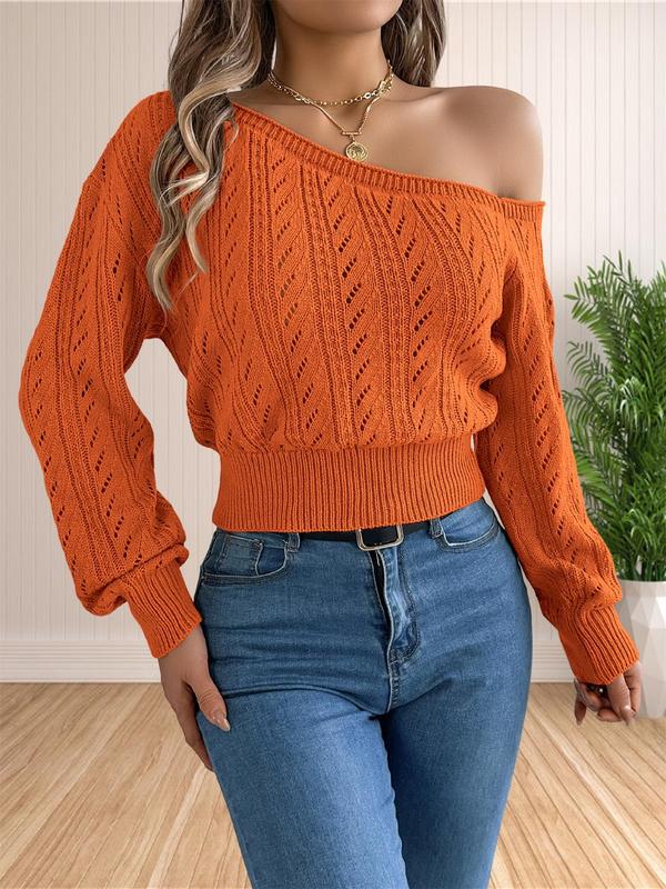 Women's Plain Hollow Out Drop Shoulder Sweater, Casual Long Sleeve Asymmetrical Neck Jumper for Fall & Winter, Fashion Ladies' Knitwear for Daily Wear