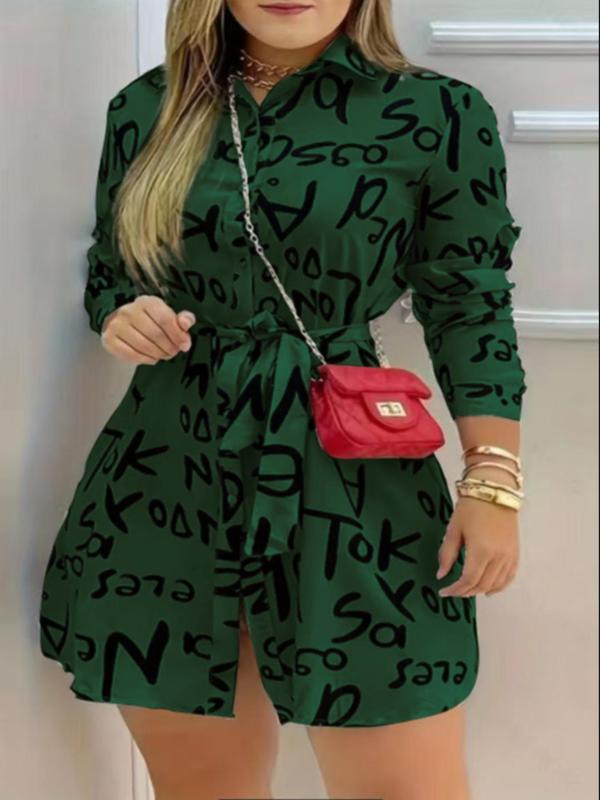 Women's Letter Print Button Front Belted Shirt, Casual Long Sleeve Collared Top for Daily Wear, Ladies Clothes for All Seasons