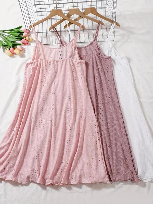  Solid Color Eyelet Embroidery Cami Nightdress, Casual Soft Comfortable Sleeveless Nightgown for Women, Women's Sleepwear for All Seasons