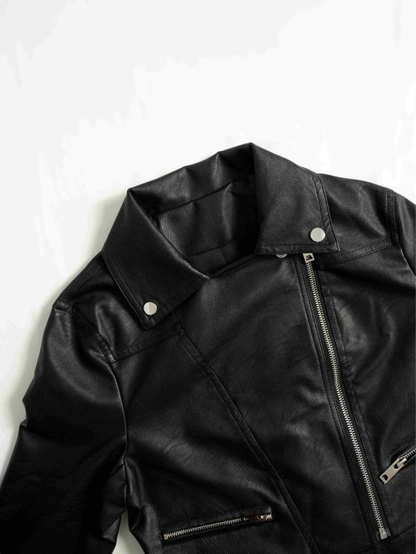 Women's Solid Button Front Pocket Zipper PU Leather Crop Jacket, Street Fashion Long Sleeve Lapel Outerwear for Daily Wear, Ladies Clothes for All Seasons