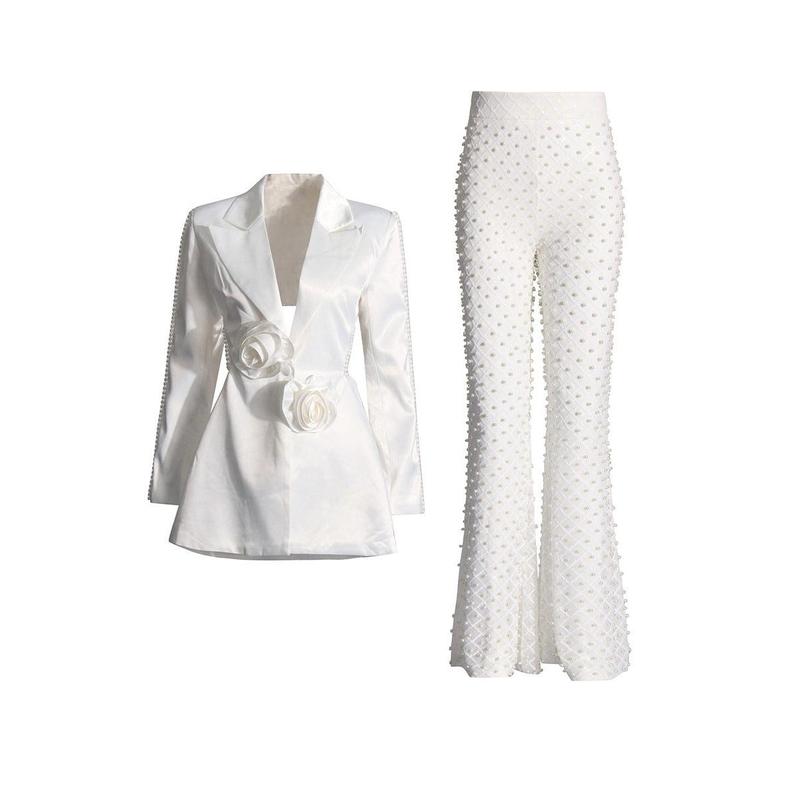 Heavy industry nail bead design women's hollow flower suit jacket+high waisted micro flared pants set