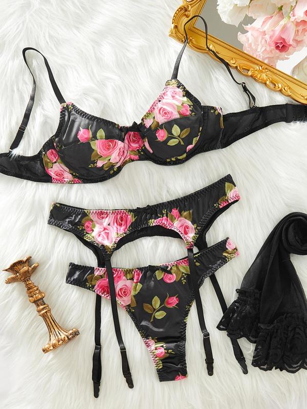 Women's Floral Print  Bra & Thong & Garter Belt  & Contrast Lace Stockings Set, Sexy Adjustable Strap Backless Lingerie Set, Women's Underwear Set