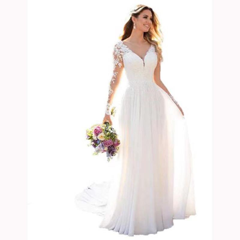 58-HS3494 Wedding dress trailing V-neck long-sleeved lawn wedding travel pat backless lace light wedding dress