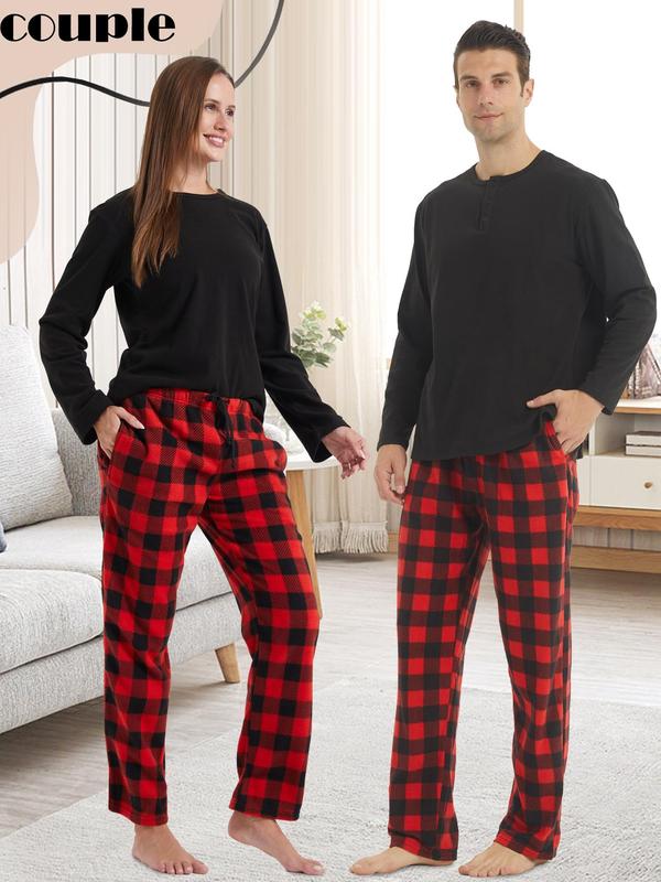 Christmas Couple's Solid Round Neck Sleep Top & Plaid Print Pocket Drawstring Sleep Pants, Casual Comfy Long Sleeve Top &  Elastic Waist Trousers for Daily Wear, Soft Comfy Sleepwear for Spring & Fall