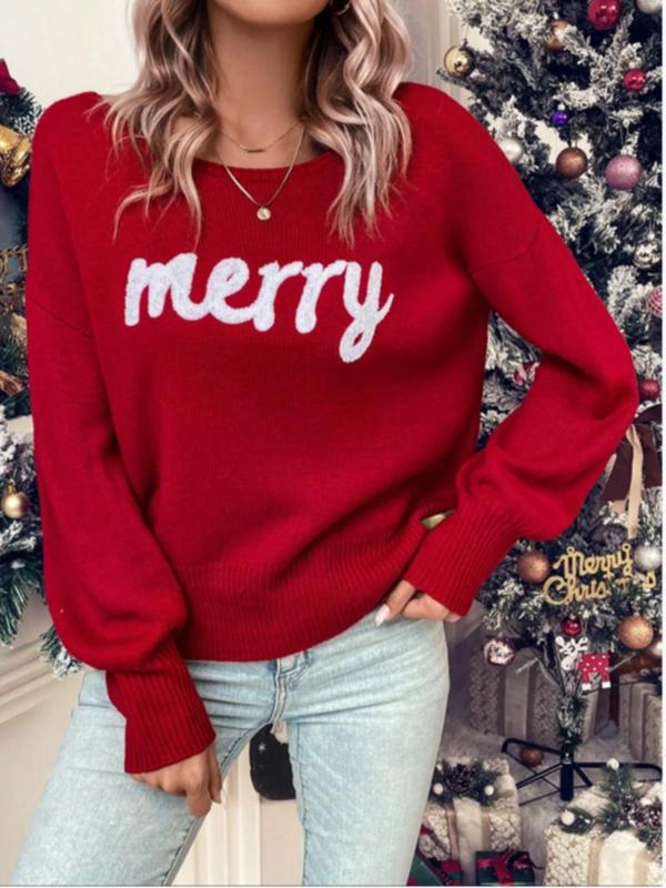  Letter Pattern Drop Shoulder Sweater, Casual Long Sleeve Round Neck Jumper for Fall & Winter, Women's Plus Clothing for Daily Wear