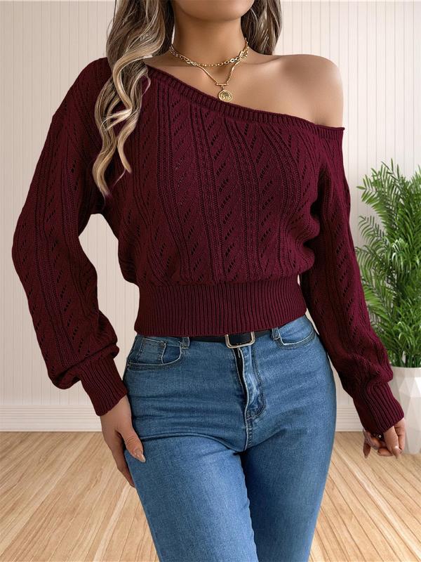Women's Plain Hollow Out Drop Shoulder Sweater, Casual Long Sleeve Asymmetrical Neck Jumper for Fall & Winter, Fashion Ladies' Knitwear for Daily Wear
