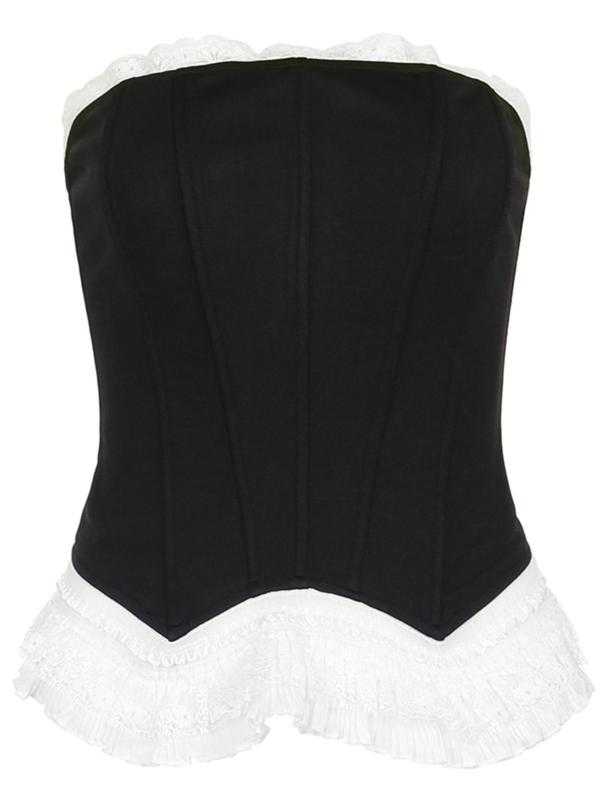 Women's Contrast Lace Frill Trim  Zipper Back Crop Tube Top, Y2k Fashion Casual Strapless Bustier Top for Daily Outdoor Wear, Women Top Clothes for Summer