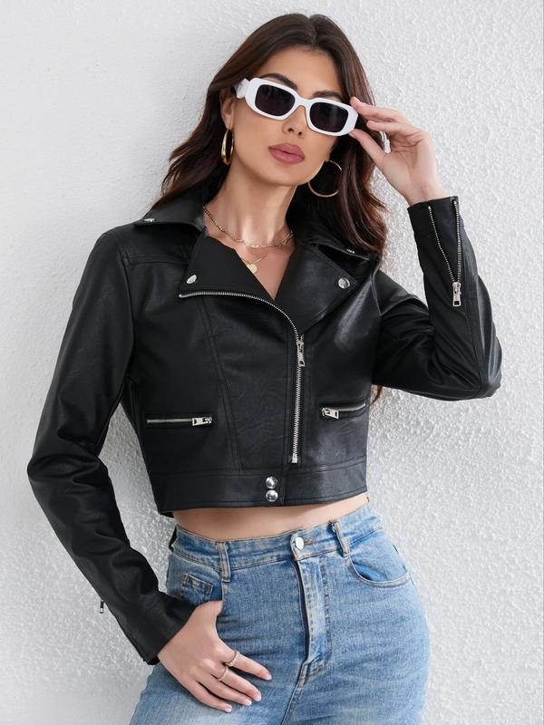 Women's Solid Button Front Pocket Zipper PU Leather Crop Jacket, Street Fashion Long Sleeve Lapel Outerwear for Daily Wear, Ladies Clothes for All Seasons