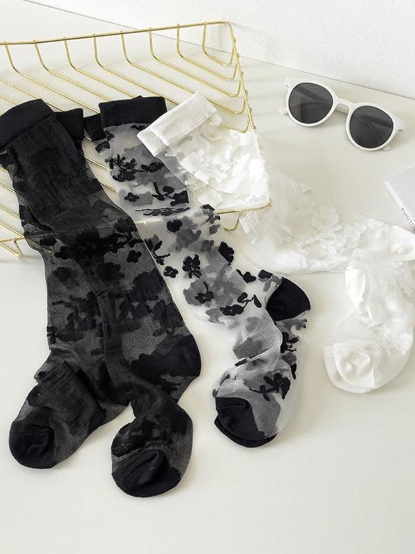 Women's 3 Pairs Floral Print Over The Calf Socks, Fashionable Comfy Socks For Daily Wear, Ladies Socks For All Seasons