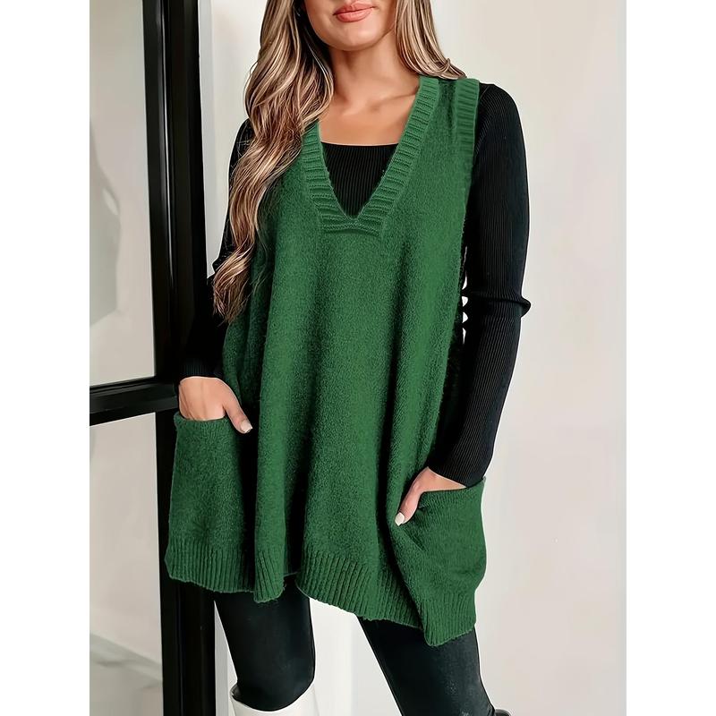 Plus Size Pockets Knitted Sweater Vest, Casual Solid Color V Neck Sleeveless Top For Fall & Winter, Women's Plus Size Clothing