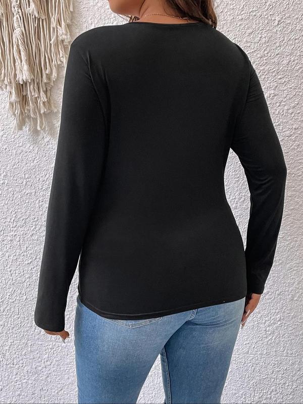  Criss Cross Front Ring Detail Tee, Casual Long Sleeve Deep V Neck T-shirt for Fall & Winter, Women's Clothing for Daily Wear
