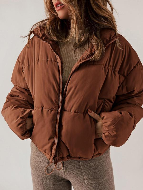 Women's Solid Drawstring Drop Shoulder Quilted Warm Jacket, Casual Long Sleeve Zip Up Outerwear for Winter, Ladies Clothes for Daily Wear