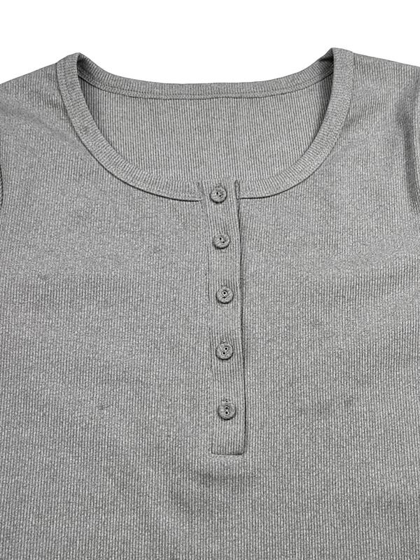 Fall Women's Solid Button Front Ribbed Shirts, Casual Long Sleeve Round Neck T-shirt for Fall, Women's Top for Daily Wear, Fall Vintage 90s Tees, Downtown Girl Clothes