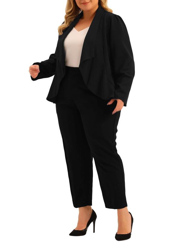  Two-Piece Set Solid Waterfall Collar Open Front Blazer & Elastic Waist Pants, Casual Long Sleeve Outerwear & Trousers for Work Office Business, Women's Clothes for Spring & Fall